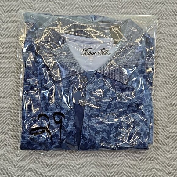 Tasso Elba Polo Shirt Men's Medium Navy Blue Floral Short Sleeve Hidden Buttons - Picture 12 of 12